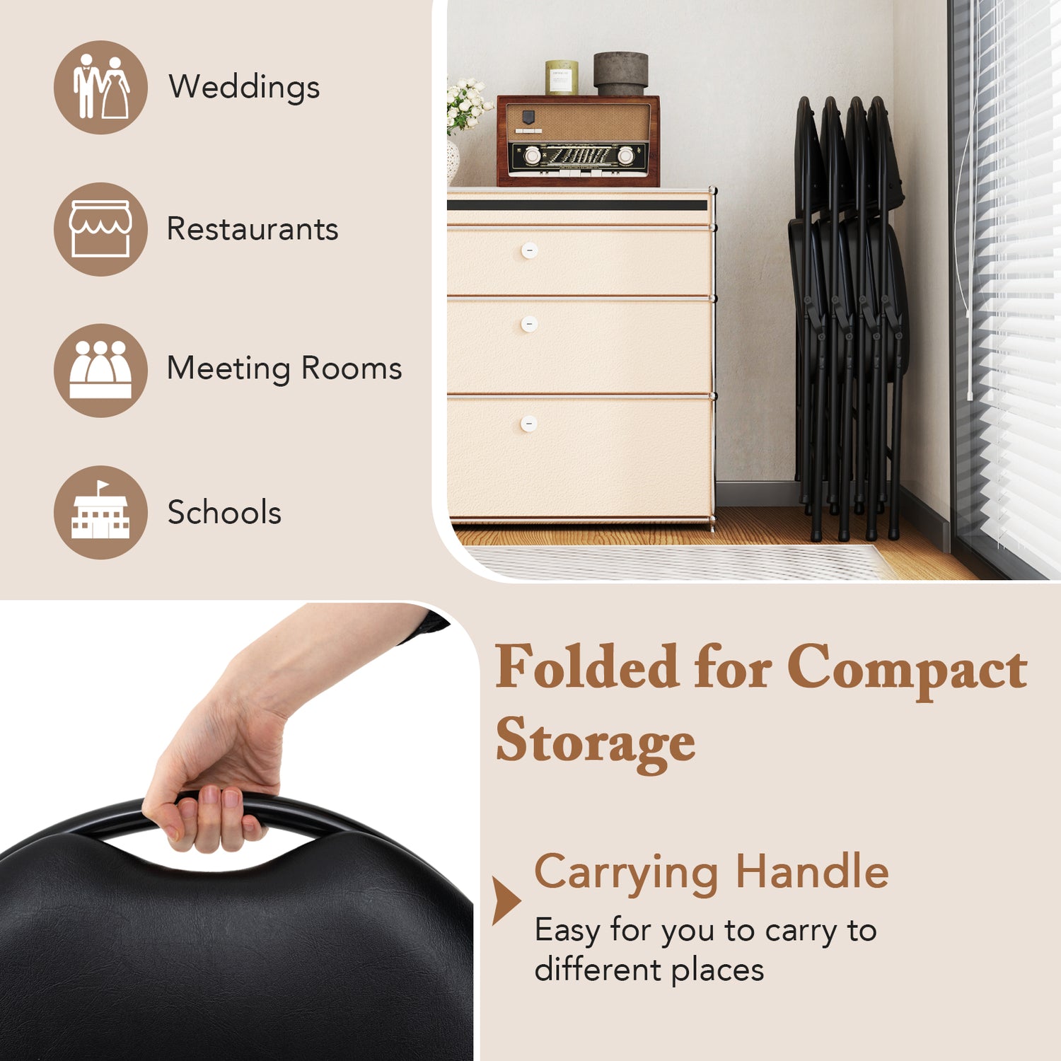 2 Pack Padded Folding Chairs with Metal Frame and Carry Handle-Black