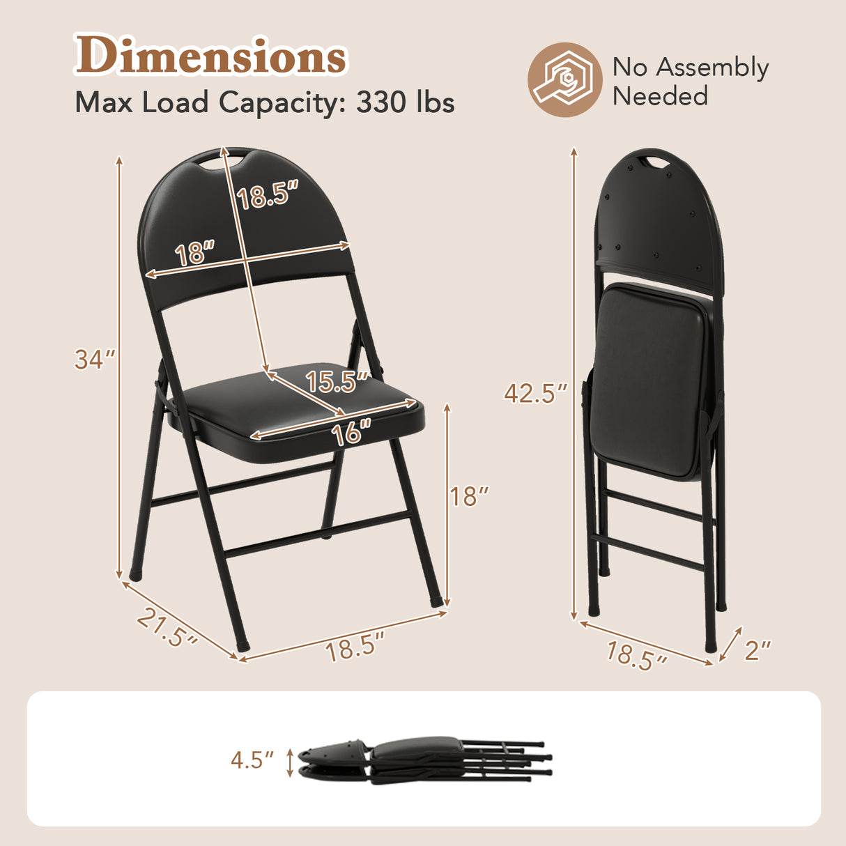 2 Pack Padded Folding Chairs with Metal Frame and Carry Handle-Black
