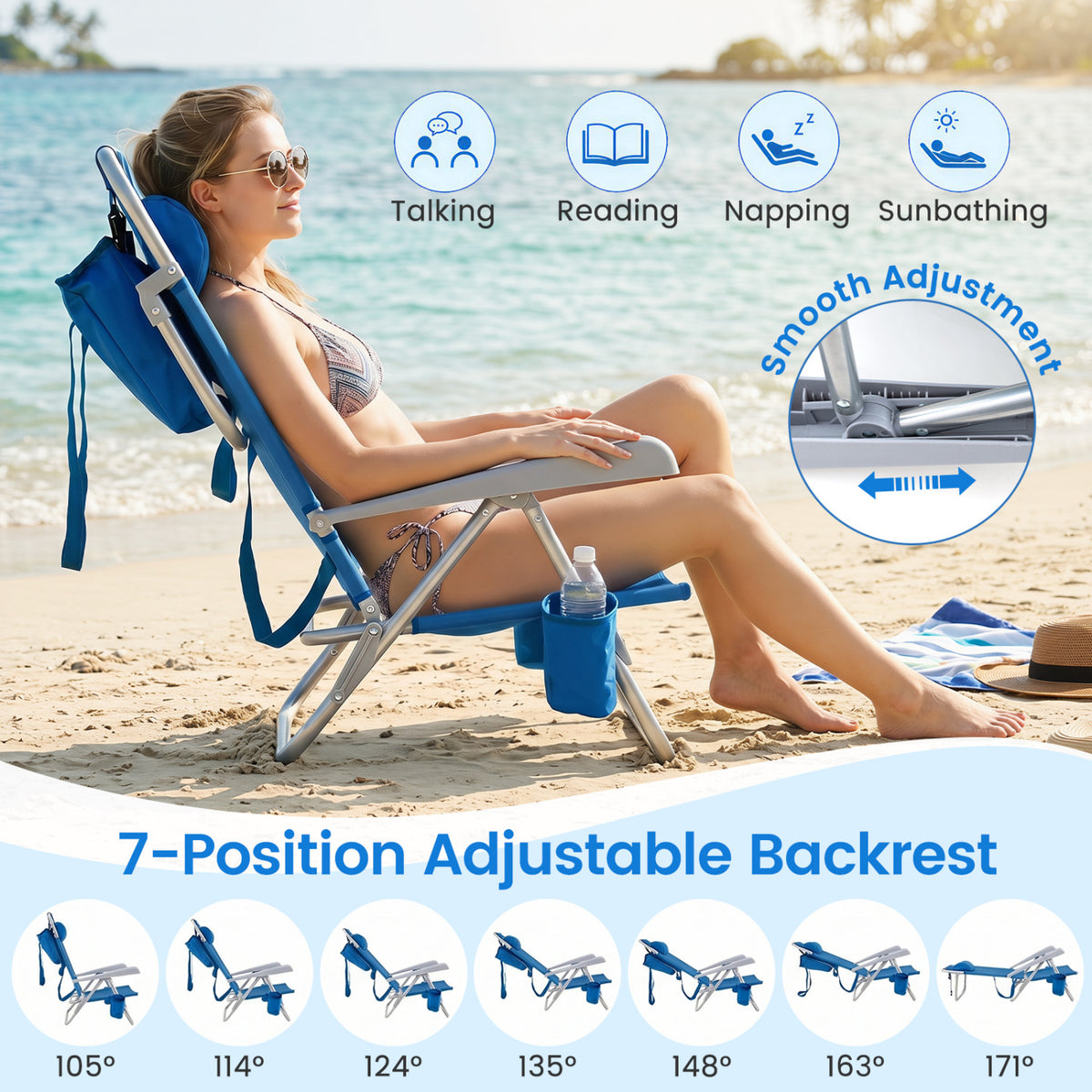 2 Pack Portable Folding Beach Chair with 7-Position Backrest