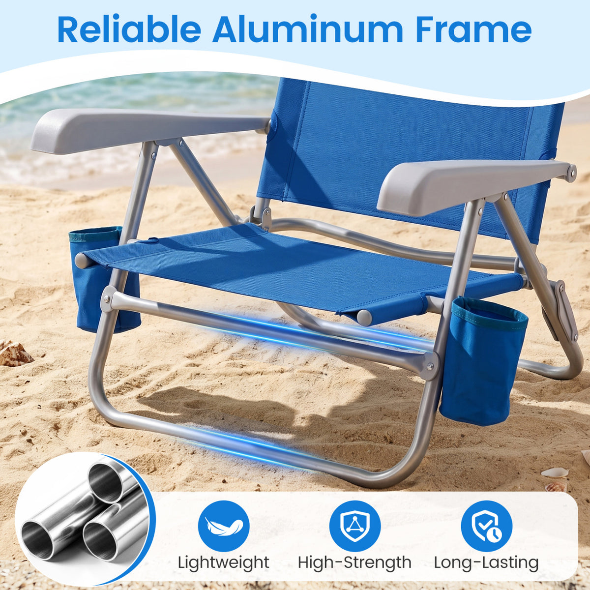2 Pack Portable Folding Beach Chair with 7-Position Backrest