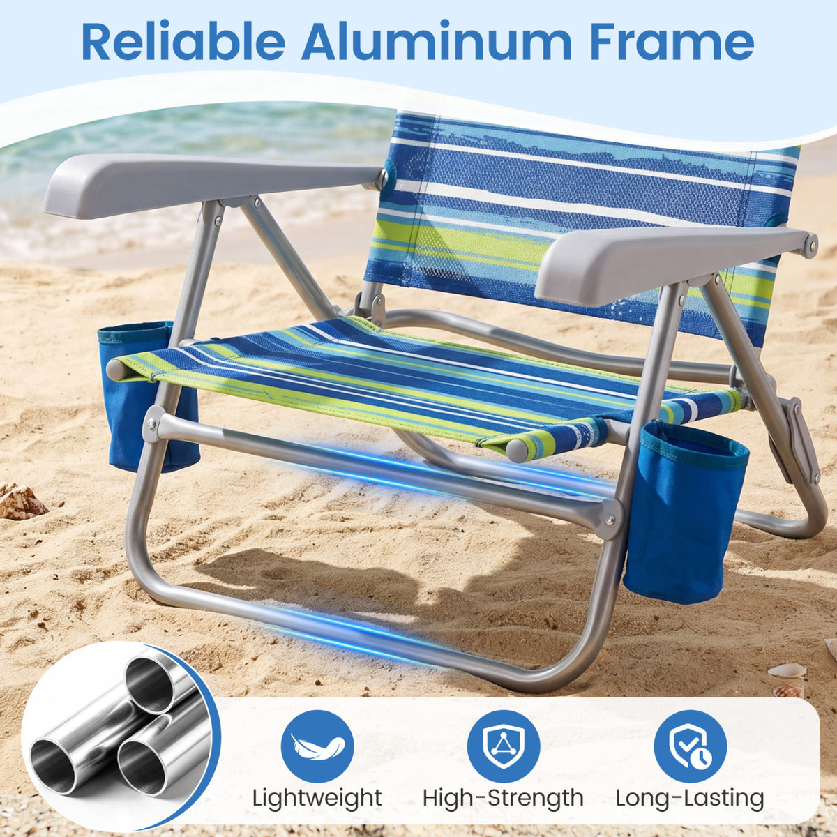 2 Pack Portable Folding Beach Chair with 7-Position Backrest