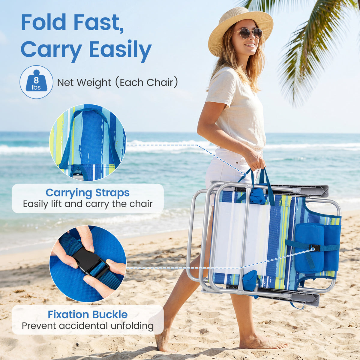 2 Pack Portable Folding Beach Chair with 7-Position Backrest