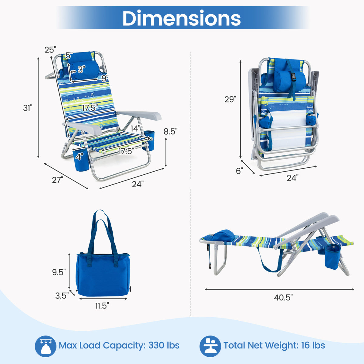 2 Pack Portable Folding Beach Chair with 7-Position Backrest