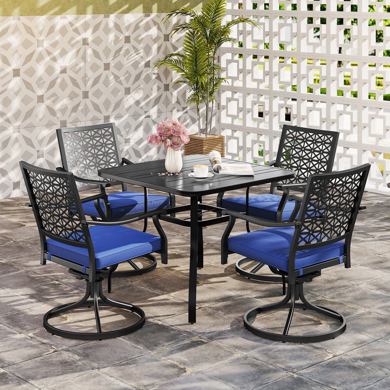 2 Pack Swivel Outdoor Chairs with Soft Cushions and Round Steel Base
