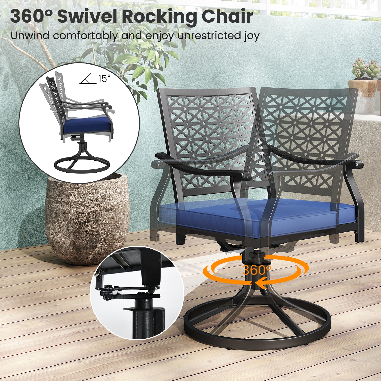 2 Pack Swivel Outdoor Chairs with Soft Cushions and Round Steel Base