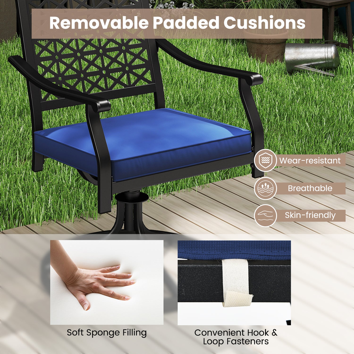 2 Pack Swivel Outdoor Chairs with Soft Cushions and Round Steel Base