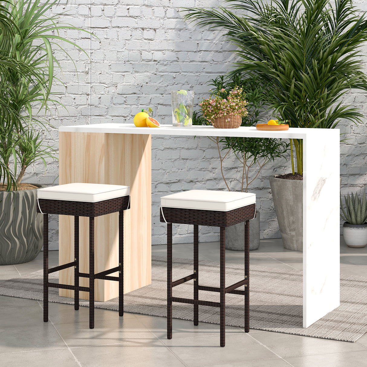 Patio Rattan Barstools Set of 2/4 with Footrest and Soft Cushions for Backyard Balcony