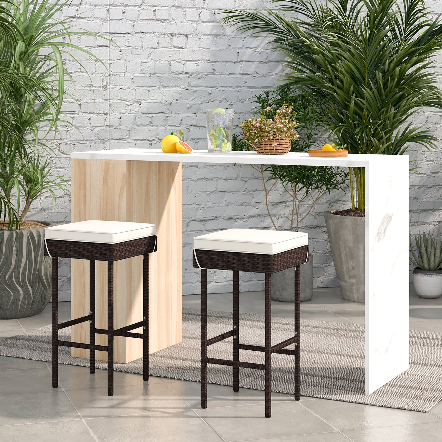 Patio Rattan Barstools Set of 2/4 with Footrest and Soft Cushions for Backyard Balcony