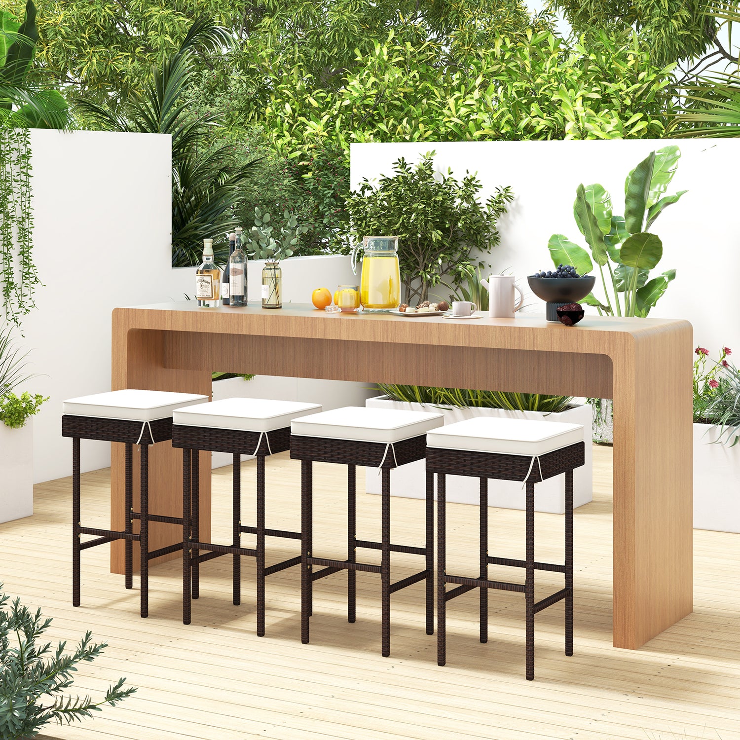 Patio Rattan Barstools Set of 2/4 with Footrest and Soft Cushions for Backyard Balcony