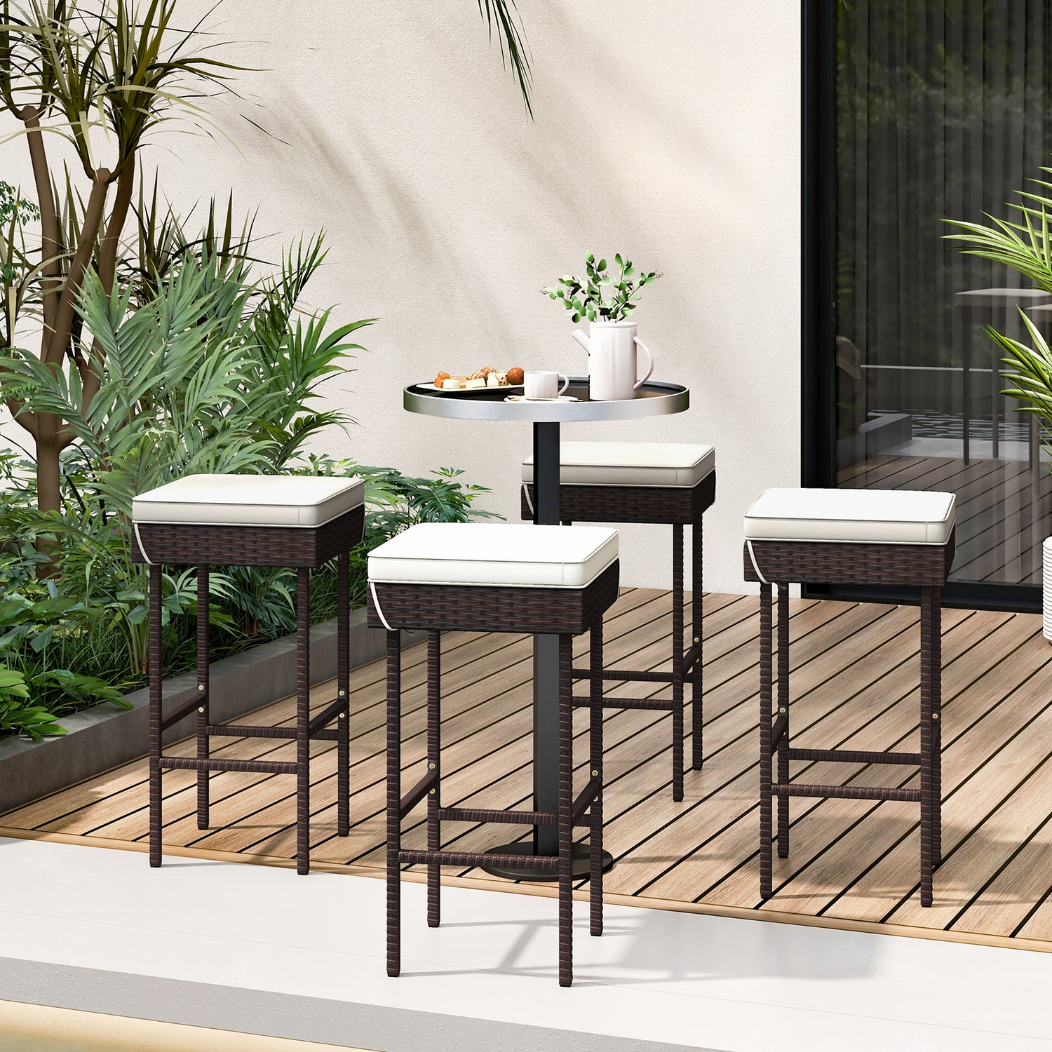 Patio Rattan Barstools Set of 2/4 with Footrest and Soft Cushions for Backyard Balcony