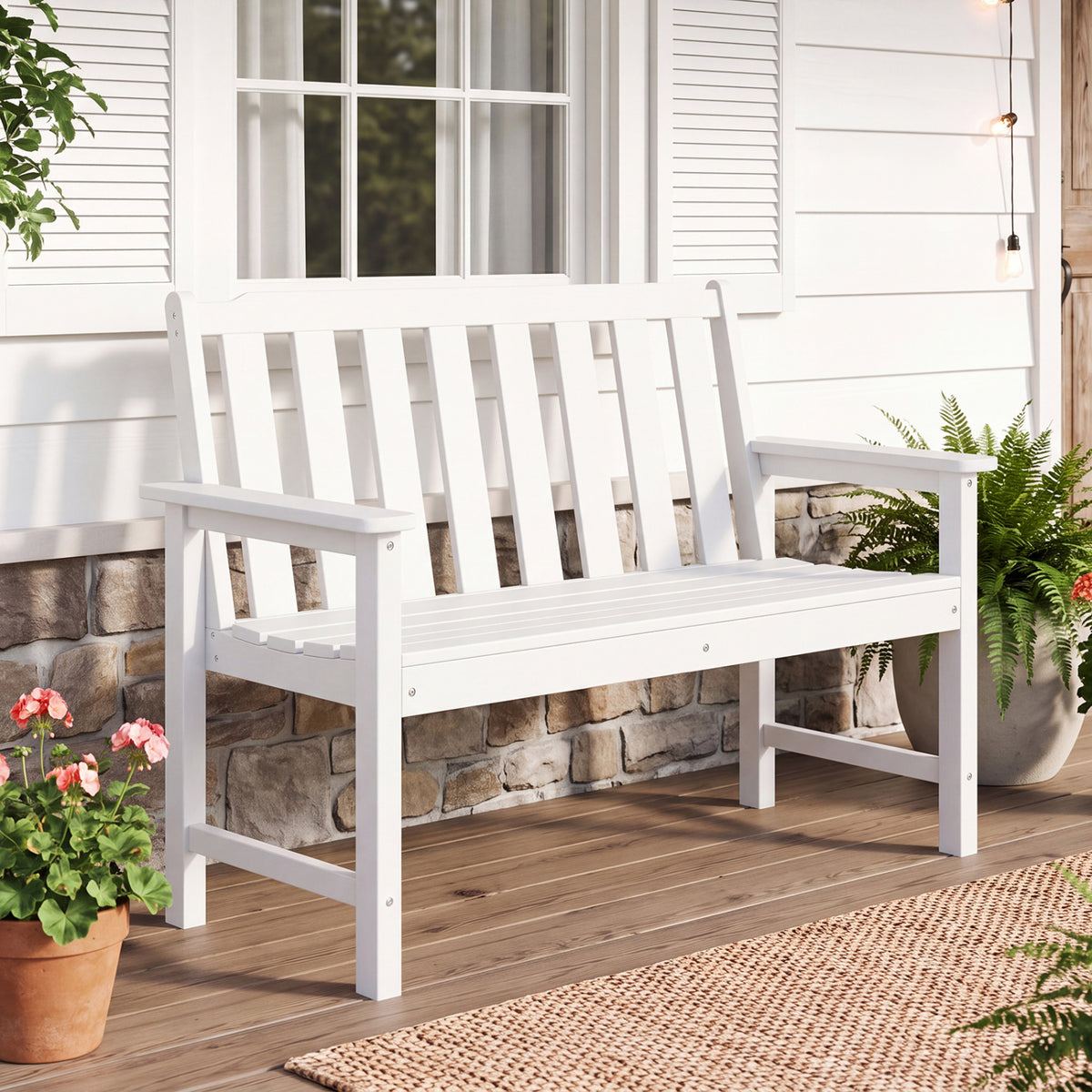 2-Person All Weather HDPE Outdoor Garden Bench with Backrest and Armrests
