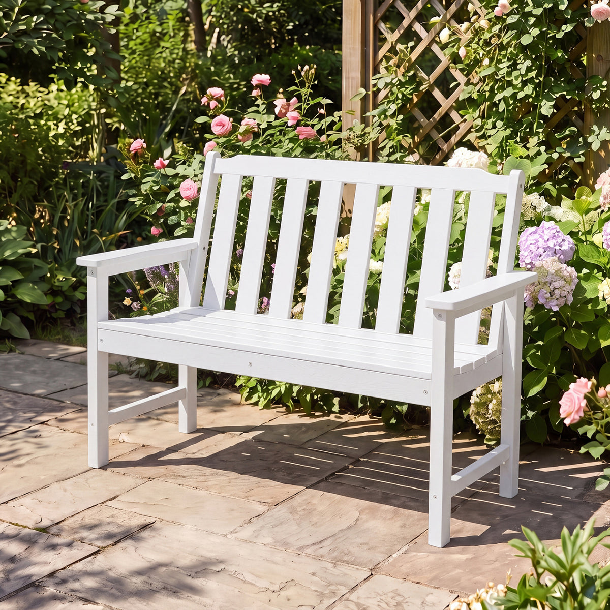 2-Person All Weather HDPE Outdoor Garden Bench with Backrest and Armrests