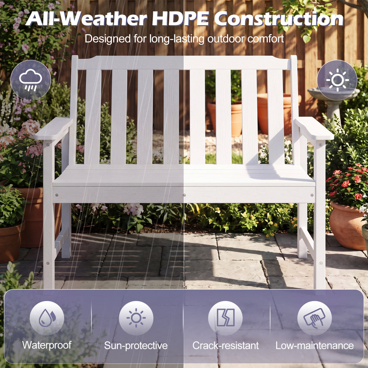 2-Person All Weather HDPE Outdoor Garden Bench with Backrest and Armrests