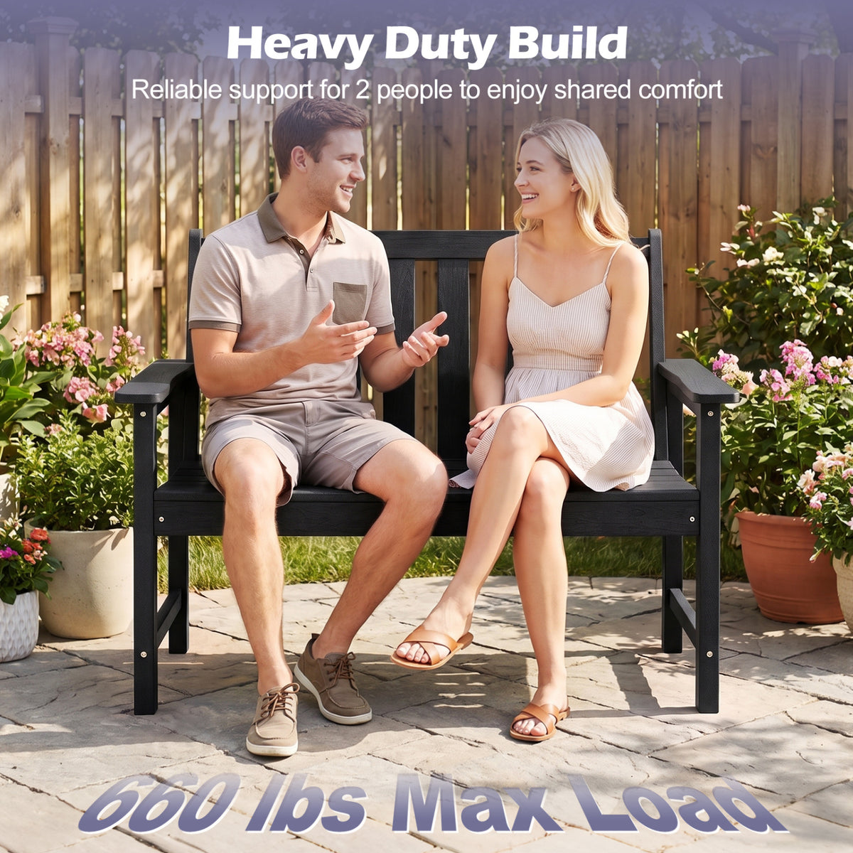 2-Person All Weather HDPE Outdoor Garden Bench with Backrest and Armrests