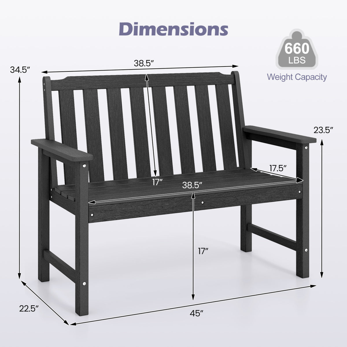 2-Person All Weather HDPE Outdoor Garden Bench with Backrest and Armrests