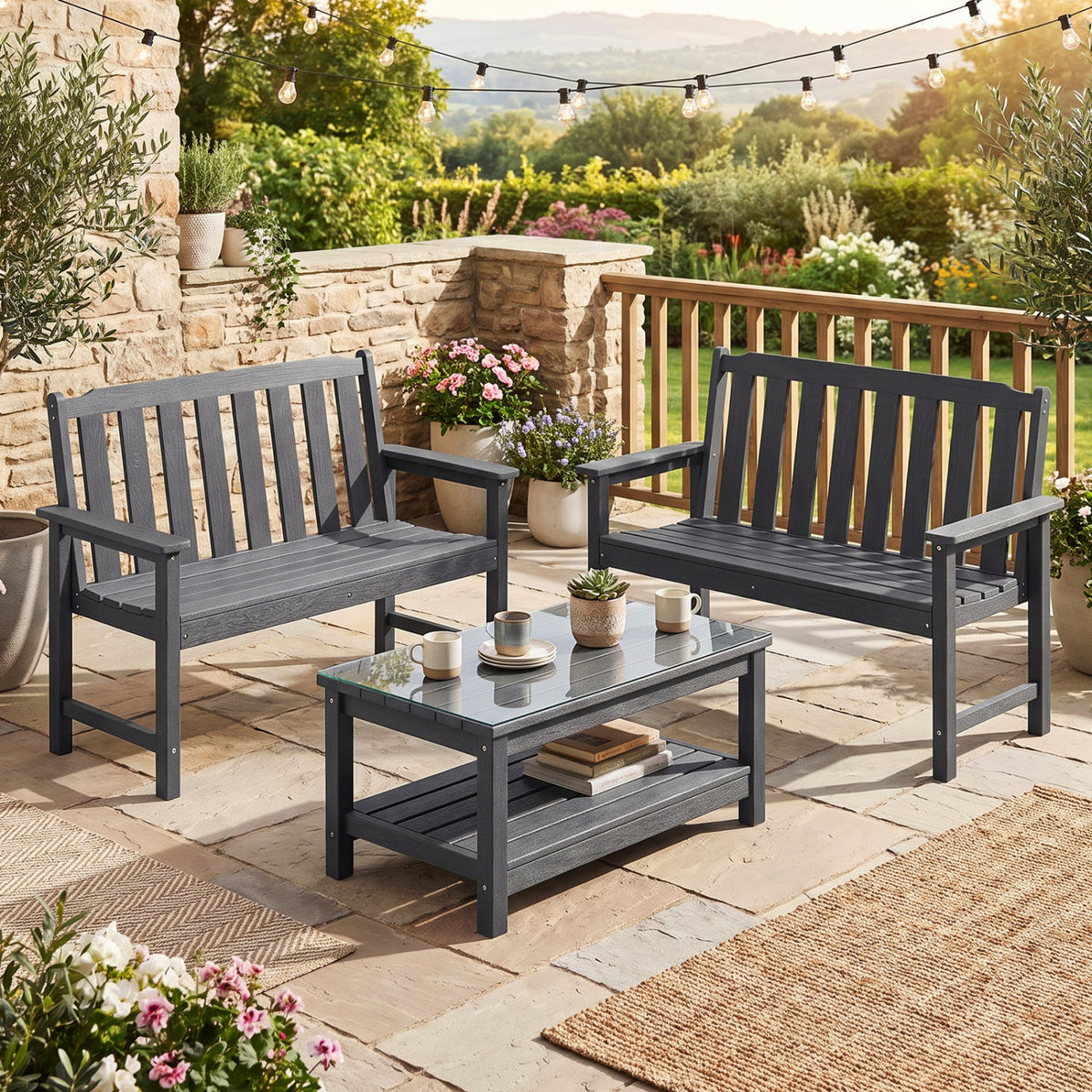 2-Person All Weather HDPE Outdoor Garden Bench with Backrest and Armrests