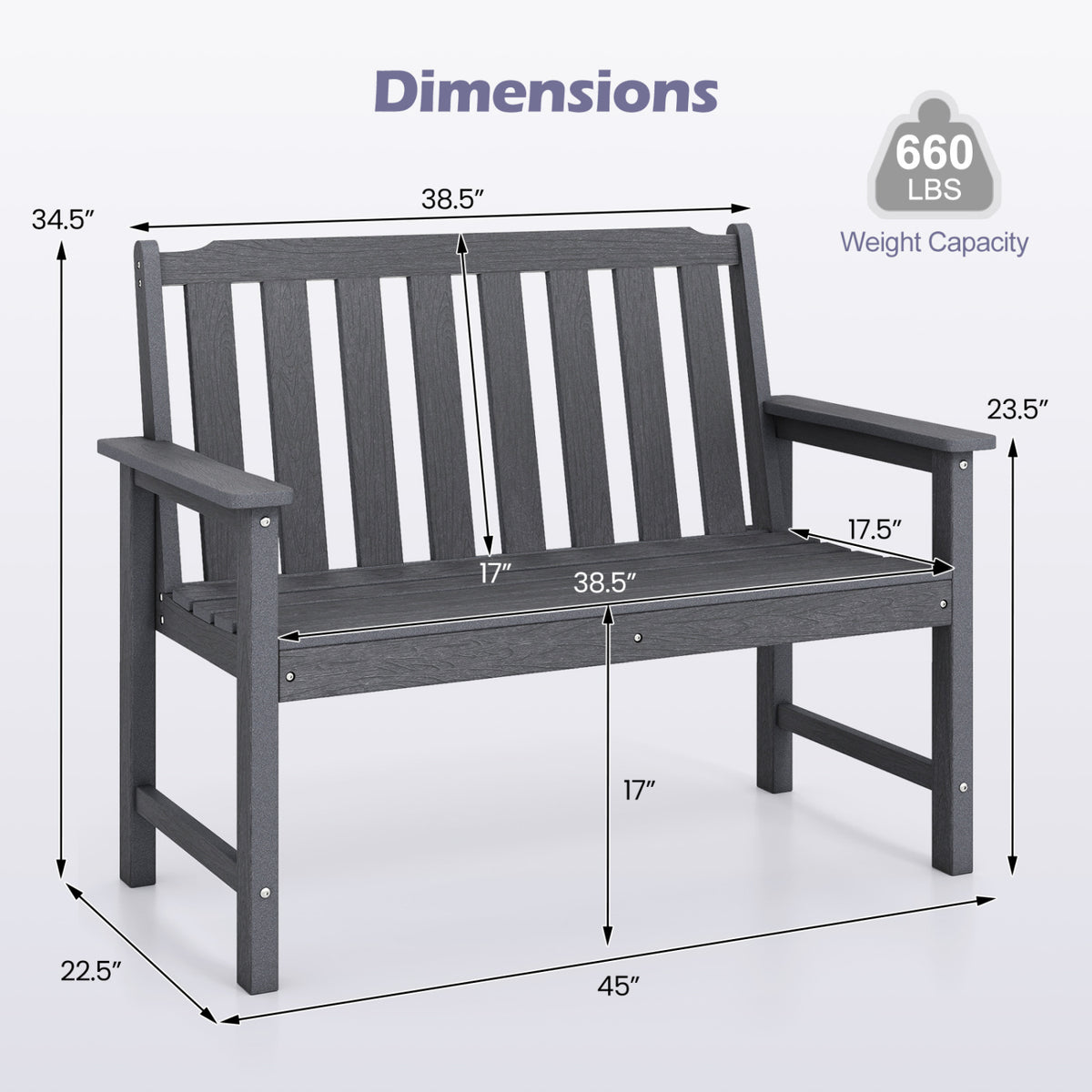 2-Person All Weather HDPE Outdoor Garden Bench with Backrest and Armrests