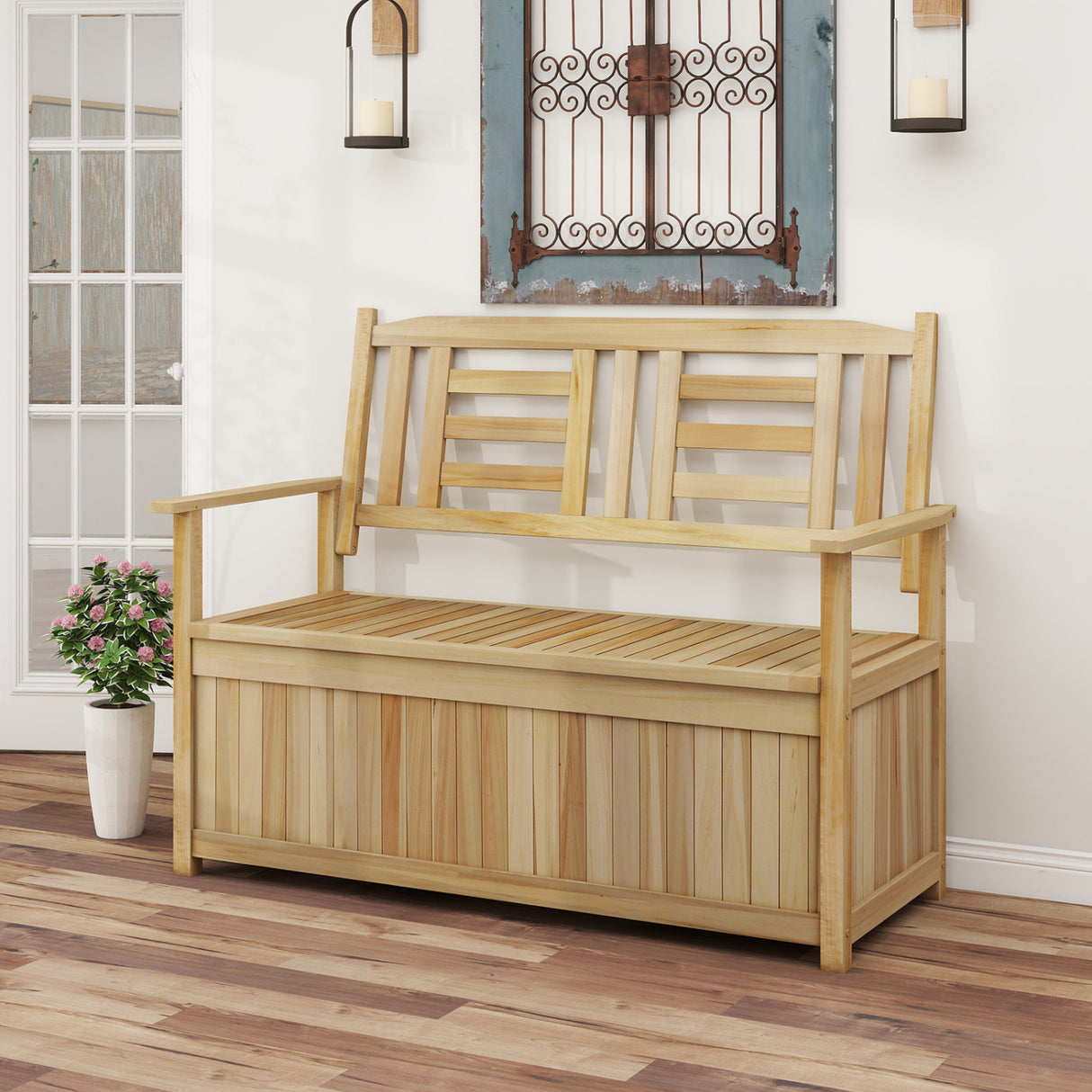 2-Person Garden Bench with 49 Gal Storage Bench and Backrest -Natural