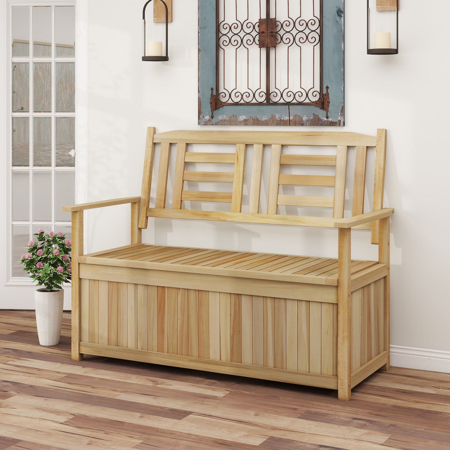 2-Person Garden Bench with 49 Gal Storage Bench and Backrest -Natural