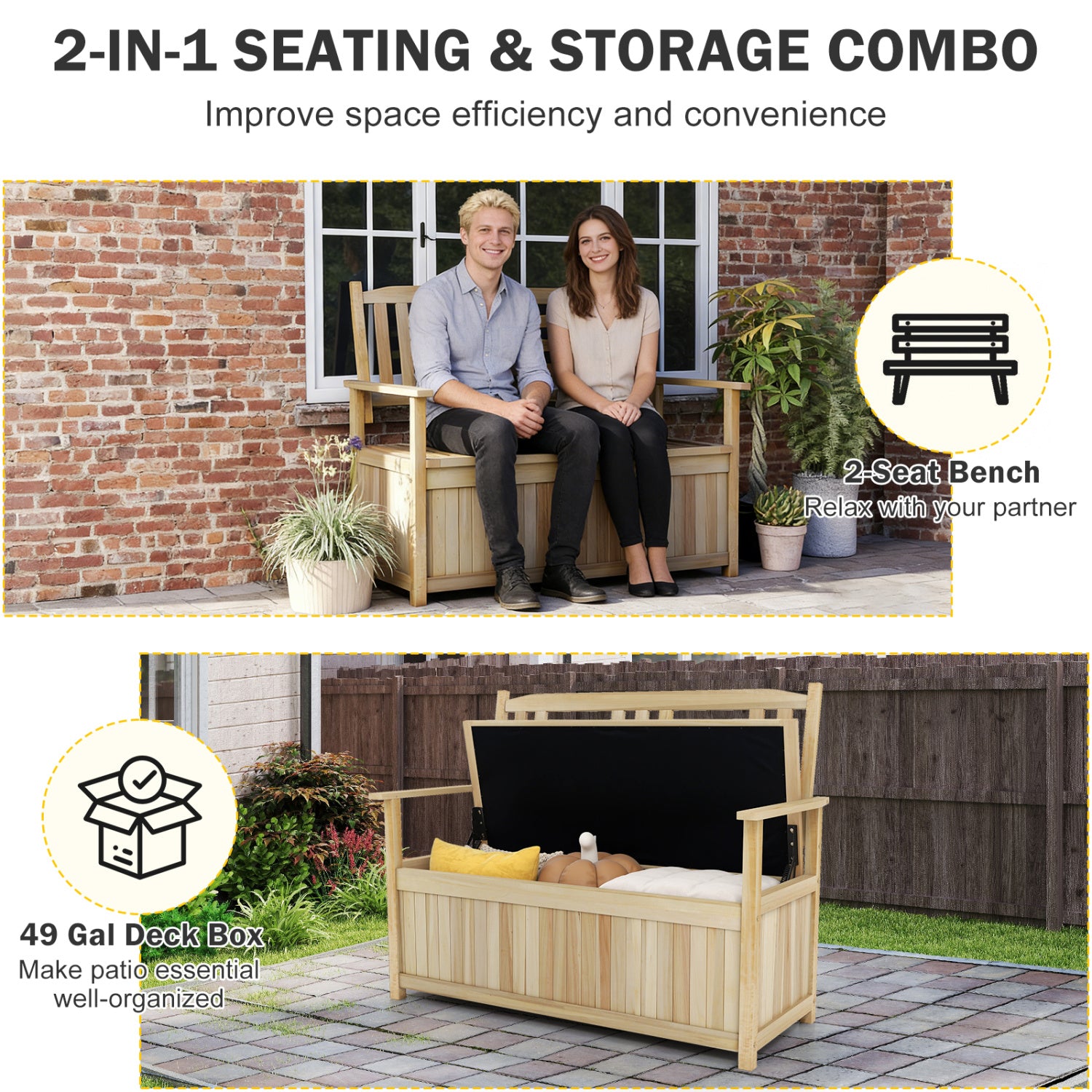 2-Person Garden Bench with 49 Gal Storage Bench and Backrest -Natural