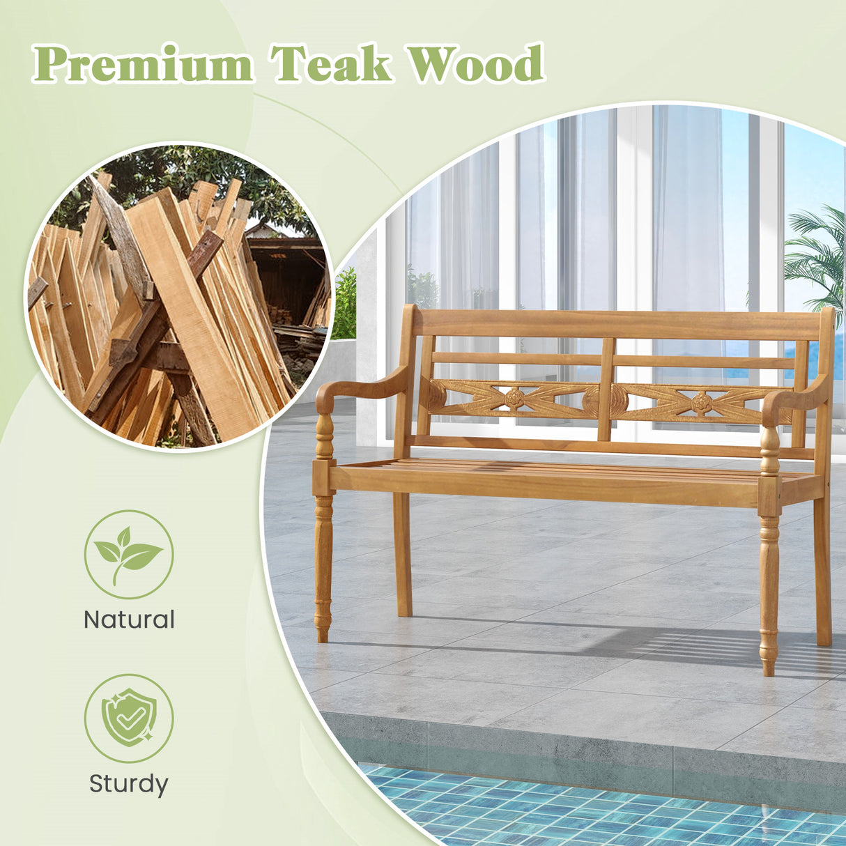 2-Person Teak Wood Patio Bench with Wide Backrest and Curved Armrests
