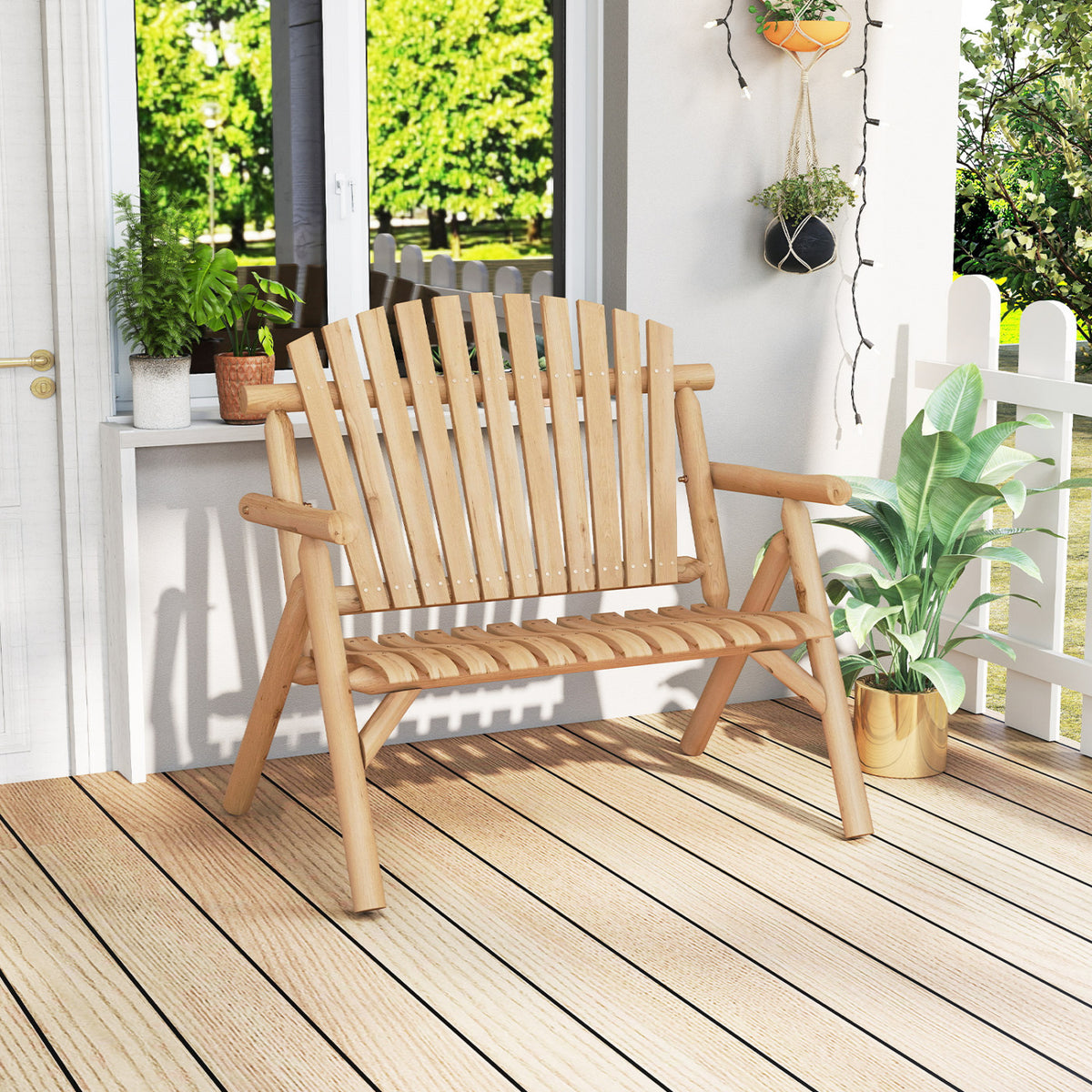 2-Person Log Wood Patio Bench with Slatted Backrest for Deck Backyard