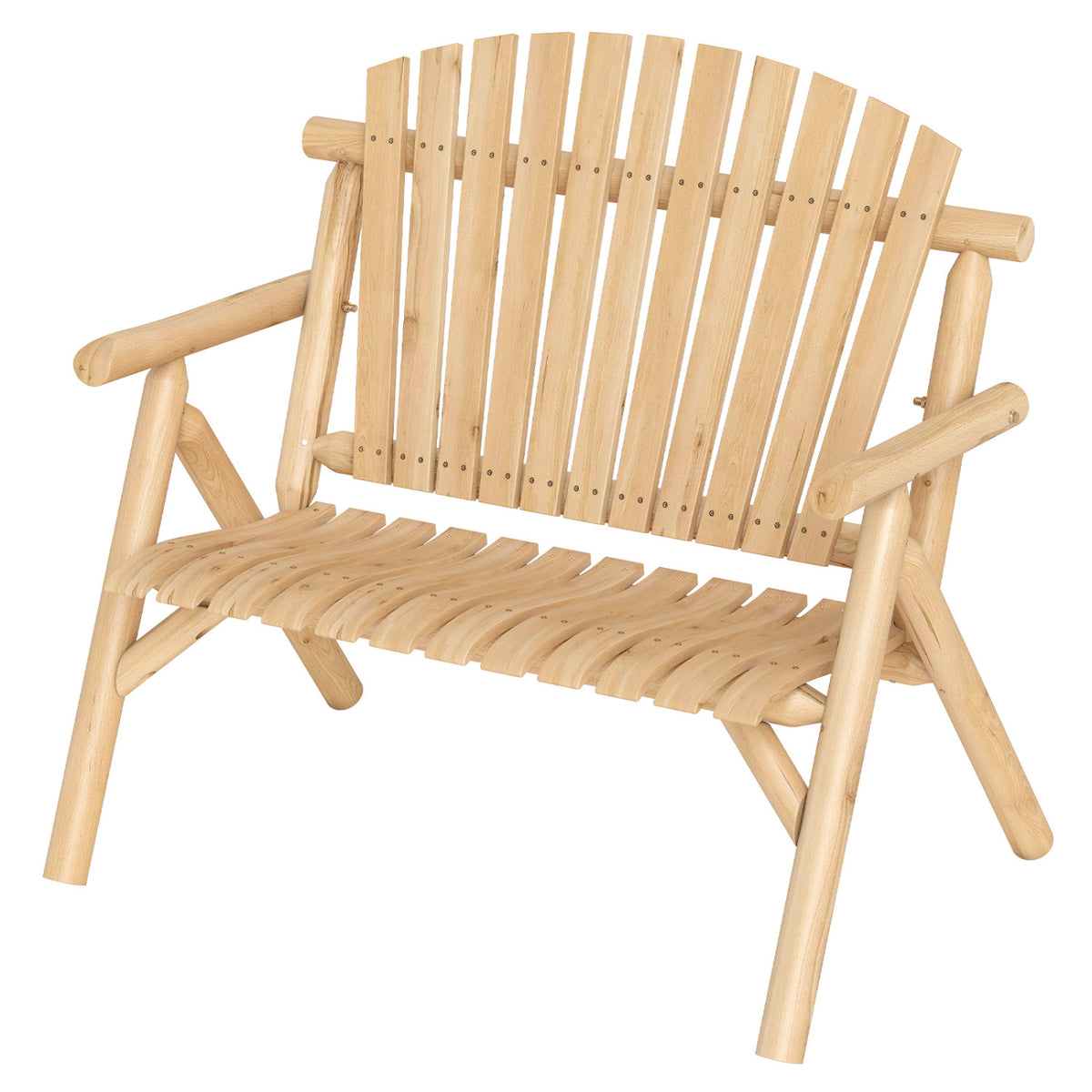 2-Person Log Wood Patio Bench with Slatted Backrest for Deck Backyard
