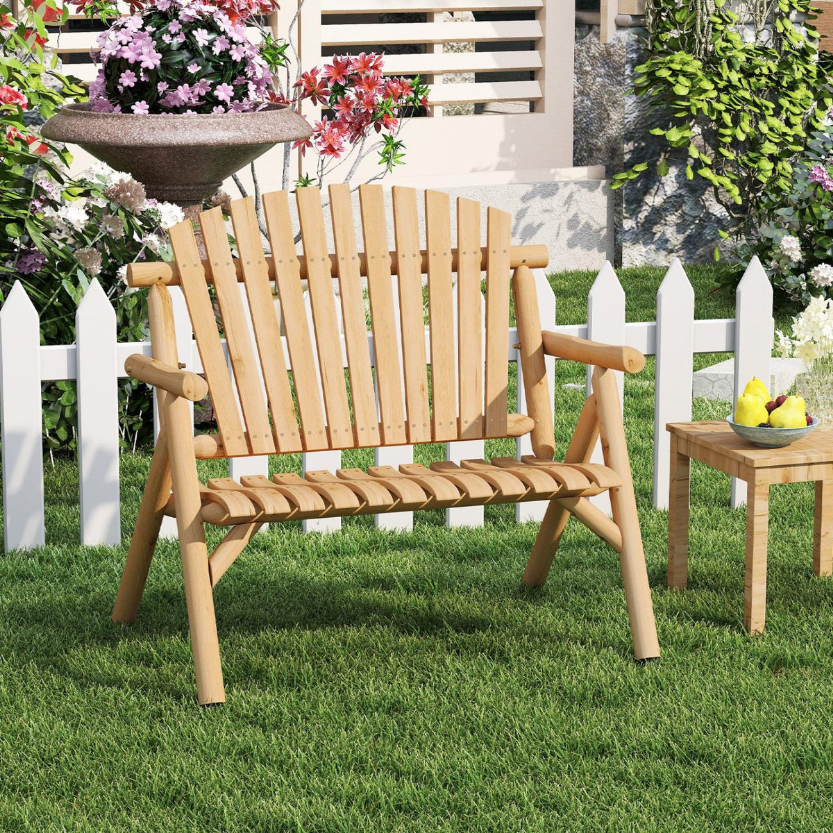 2-Person Log Wood Patio Bench with Slatted Backrest for Deck Backyard