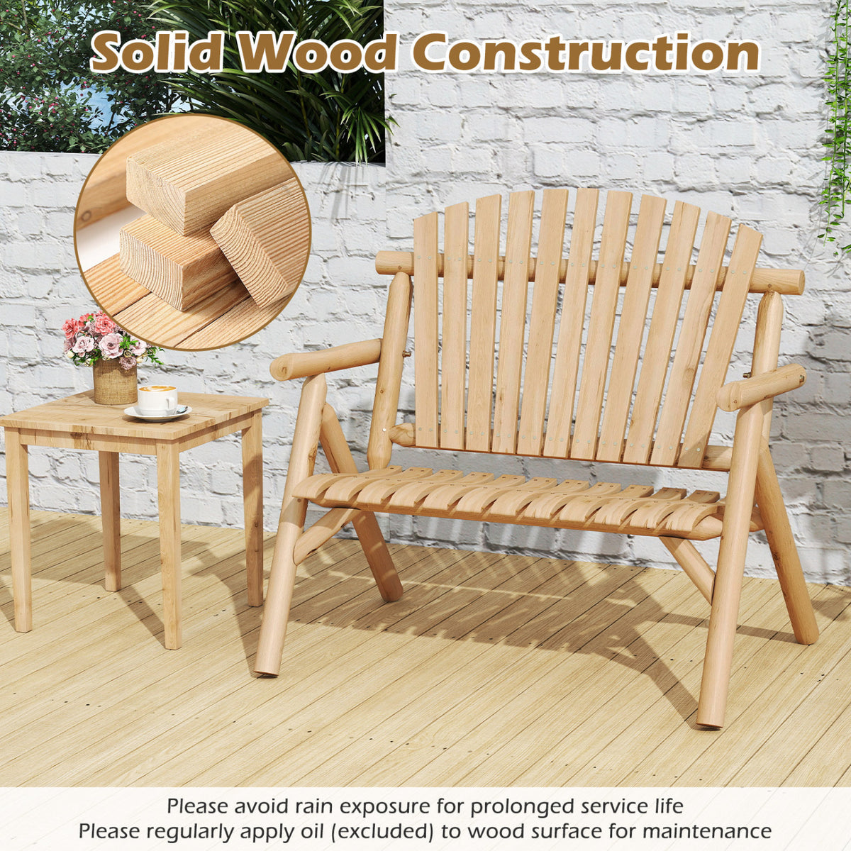 2-Person Log Wood Patio Bench with Slatted Backrest for Deck Backyard