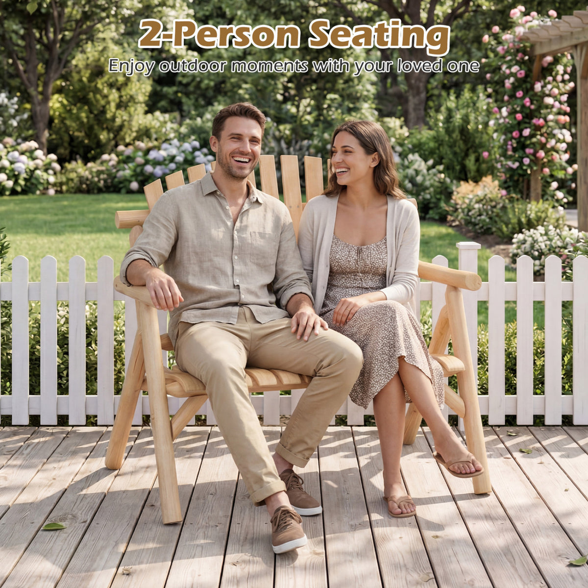 2-Person Log Wood Patio Bench with Slatted Backrest for Deck Backyard