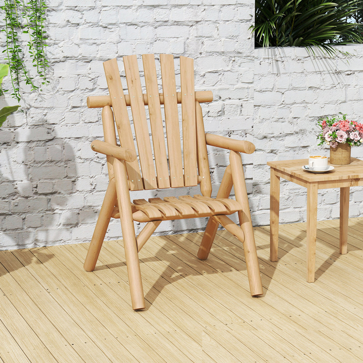 Log Wood Patio Chair with Slatted Backrest for Deck Backyard
