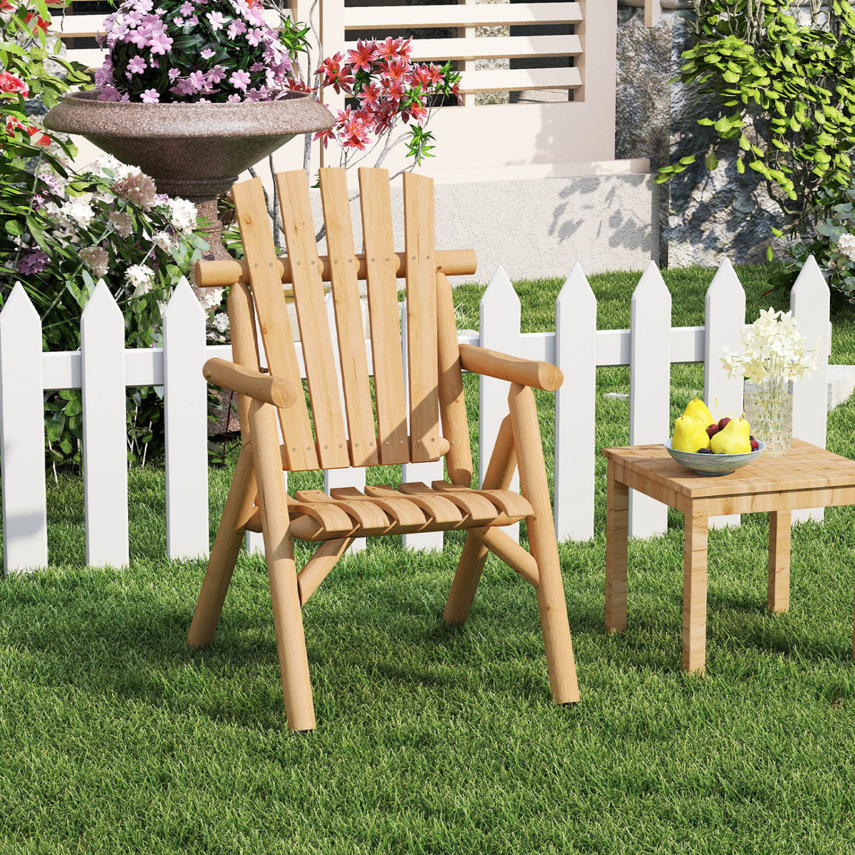 Log Wood Patio Chair with Slatted Backrest for Deck Backyard