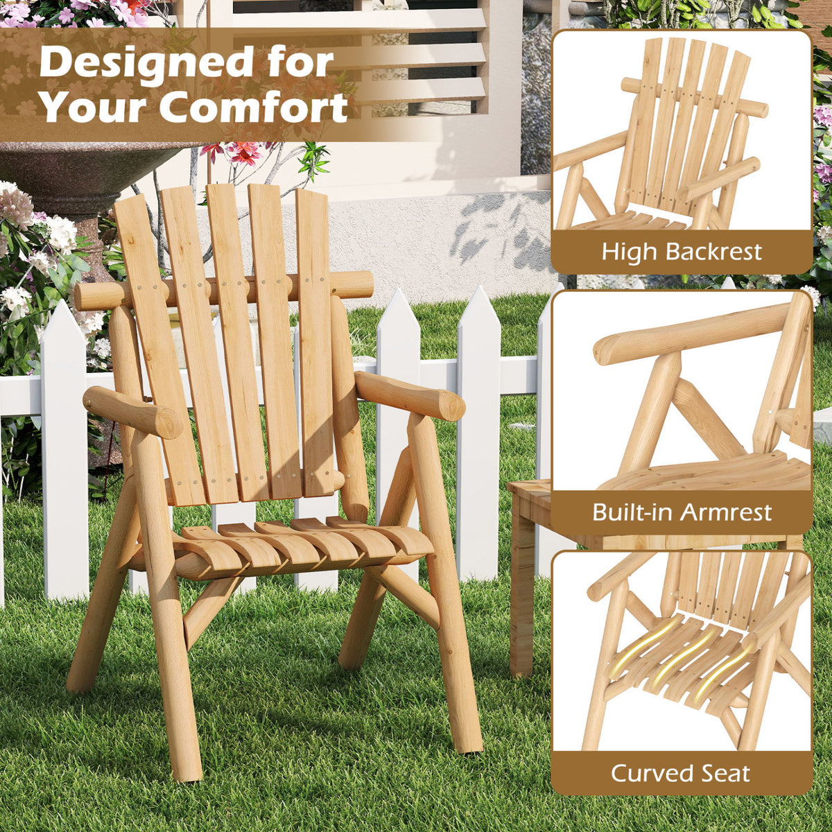 Log Wood Patio Chair with Slatted Backrest for Deck Backyard