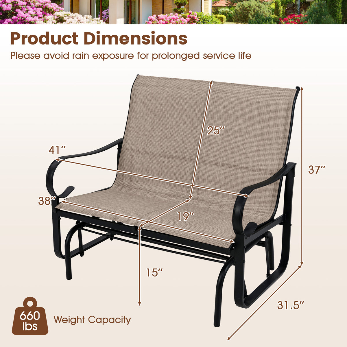 2-Person Outdoor Glider Bench with High Backrest-Brown