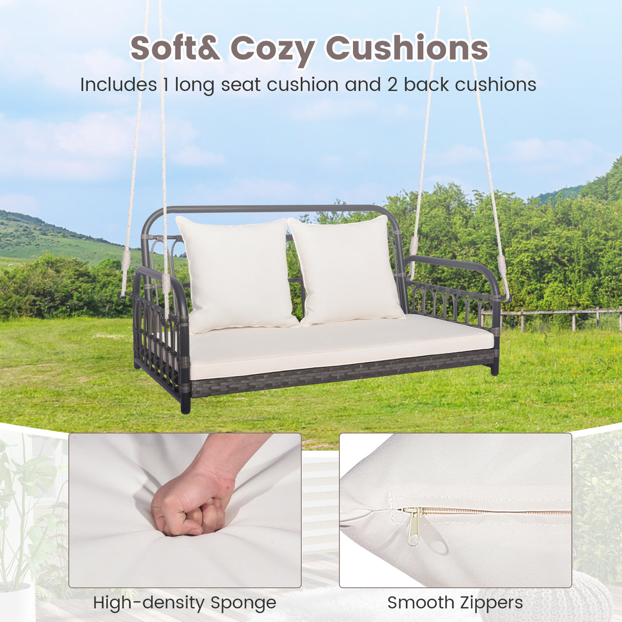 2-Person Outdoor Hanging Chair with Ropes-Gray