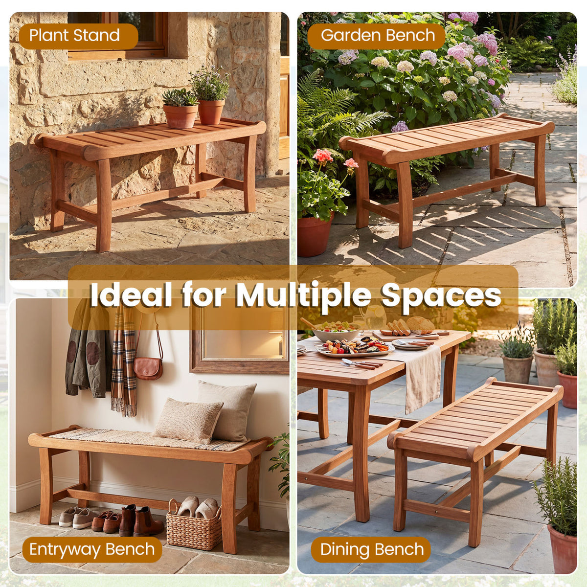 2-Person Outdoor Wood Bench with Slatted Seat and Raised Edges-Set of 2