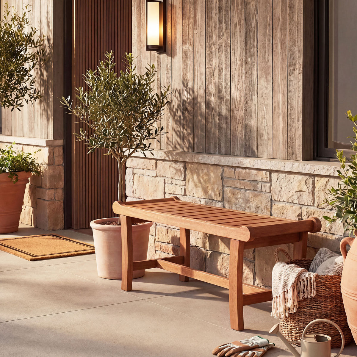 2-Person Outdoor Wood Bench with Slatted Seat and Raised Edges-Set of 2