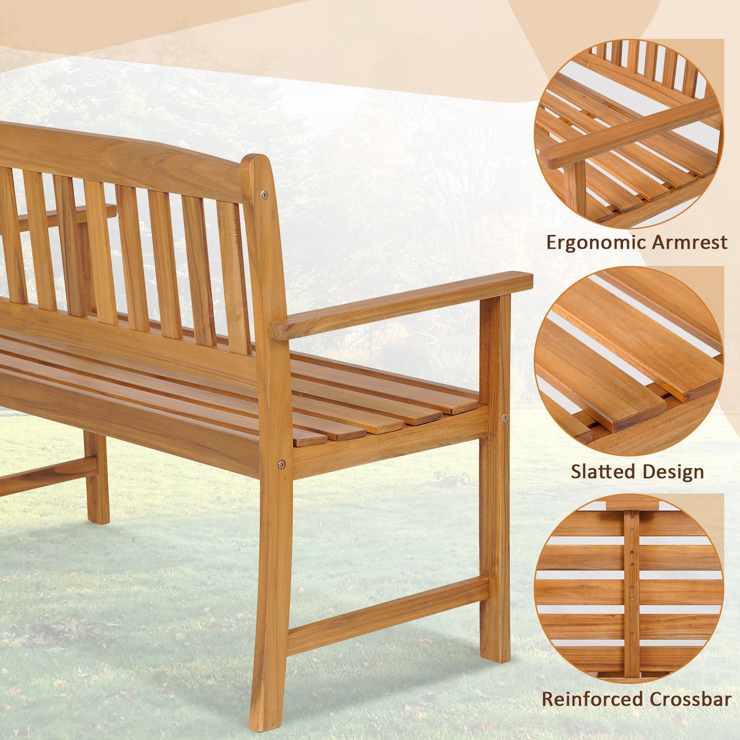 2-Person Patio Acacia Wood Bench with Backrest and Armrests