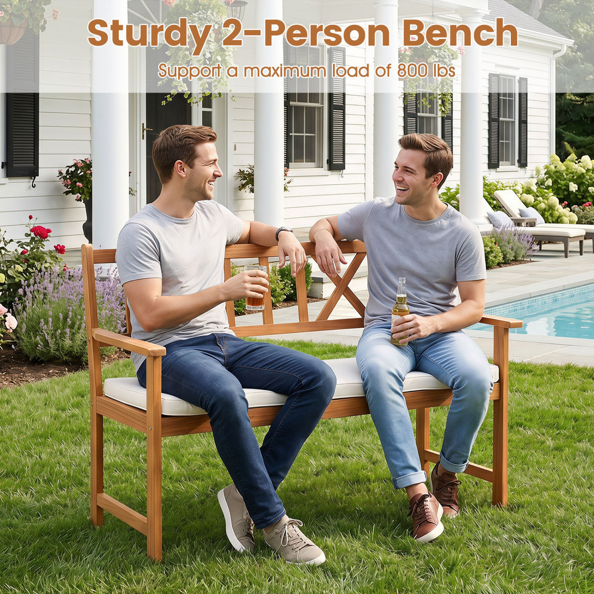 2-Person Patio Acacia Wood Garden Chair with Removable Seat Cushion-Natural&White