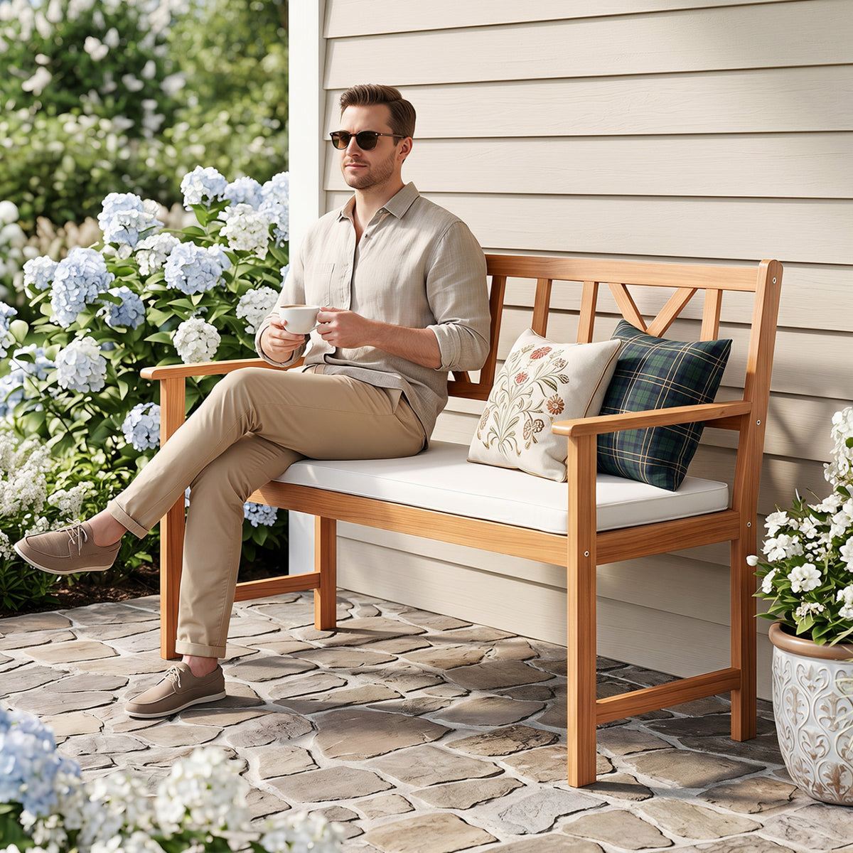 2-Person Patio Acacia Wood Garden Chair with Removable Seat Cushion-Natural&White