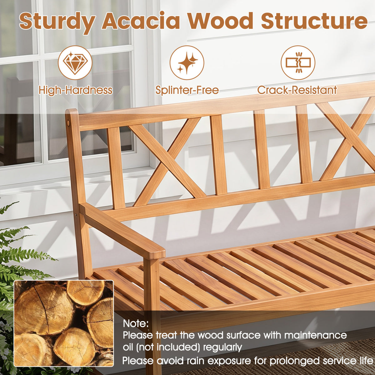 2-Person Patio Acacia Wood Garden Chair with Armrests and X-Shaped Backrest for Garden