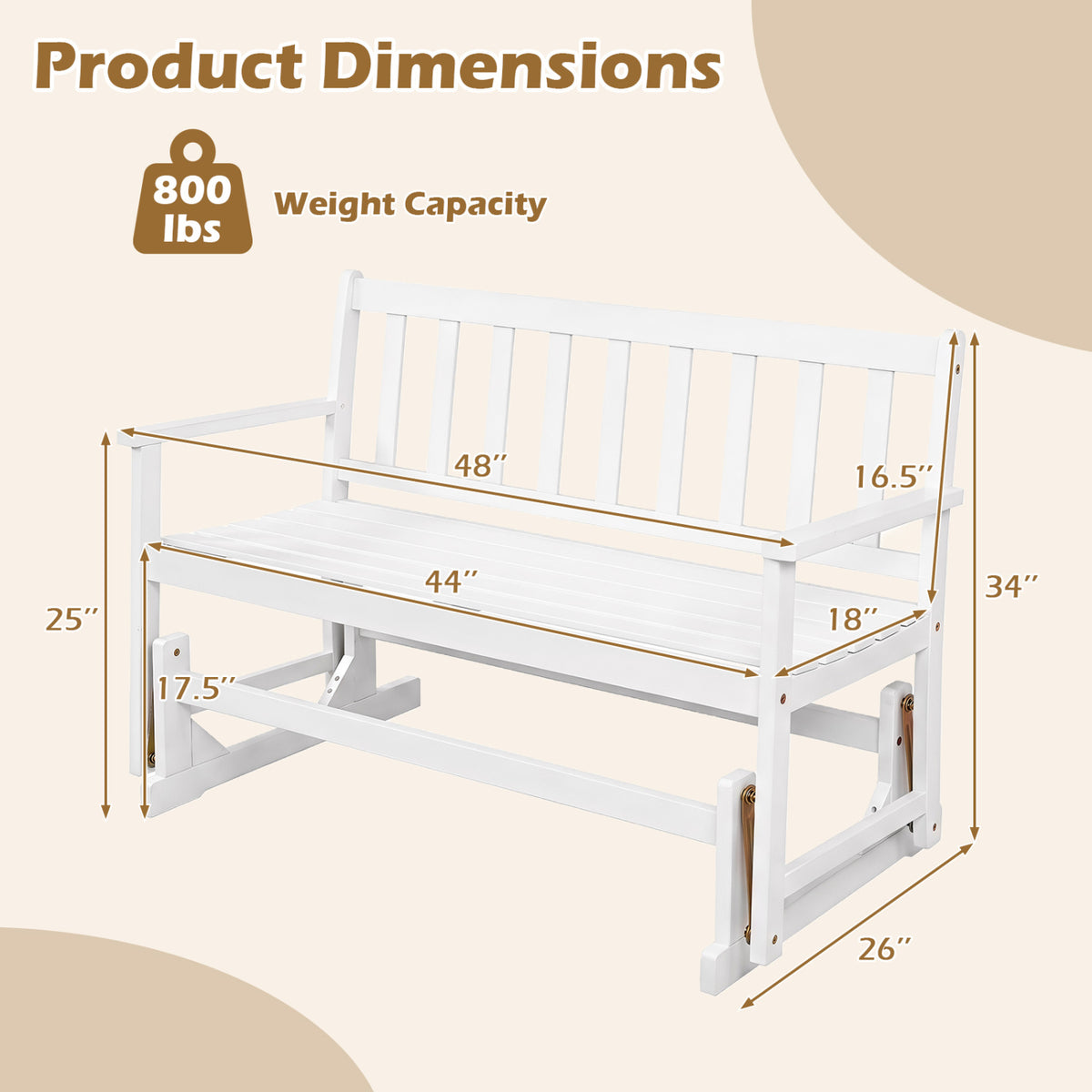 2-Person Patio Acacia Wood Glider Chair with Armrests for Porch Garden-White