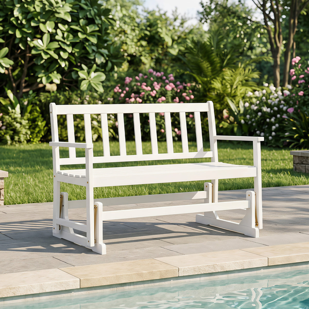 2-Person Patio Acacia Wood Glider Chair with Armrests for Porch Garden-White
