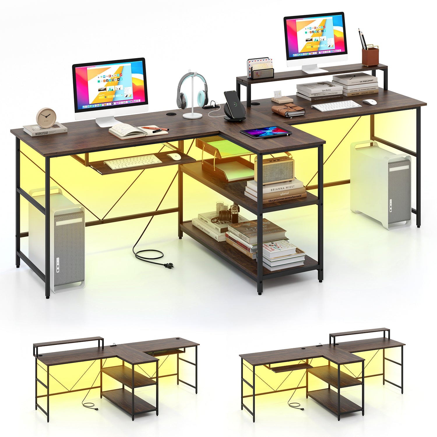 2-Person Reversible Computer Desk Long Office Desk with LED Lights