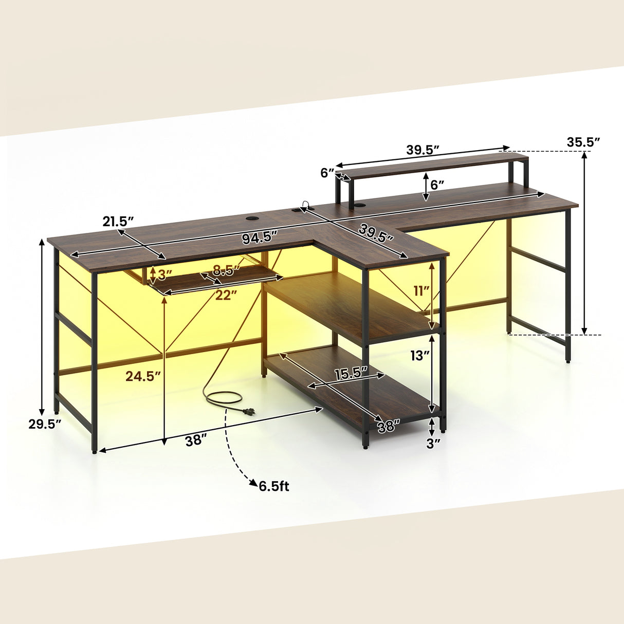 2-Person Reversible Computer Desk Long Office Desk with LED Lights