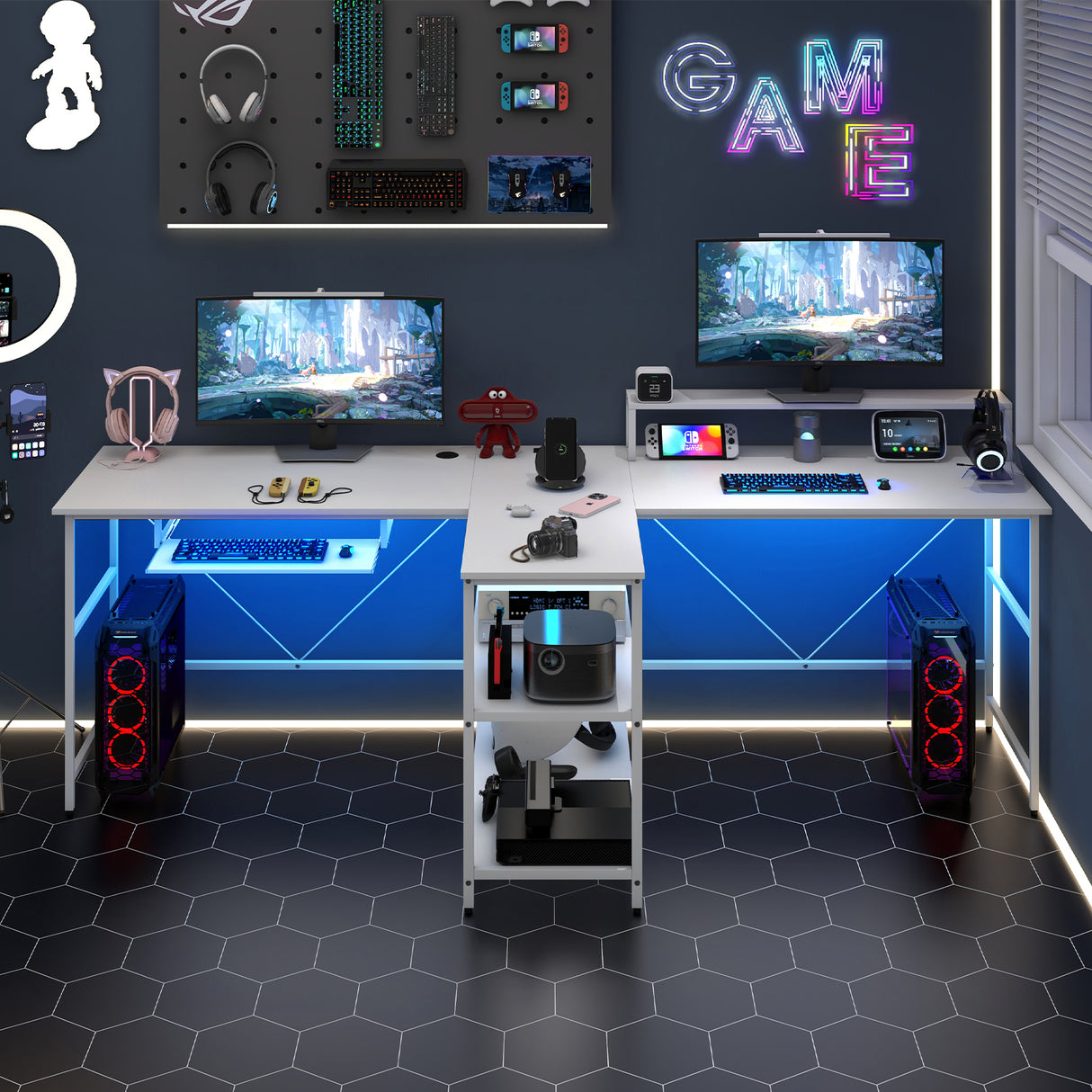 2-Person Reversible Computer Desk Long Office Desk with LED Lights