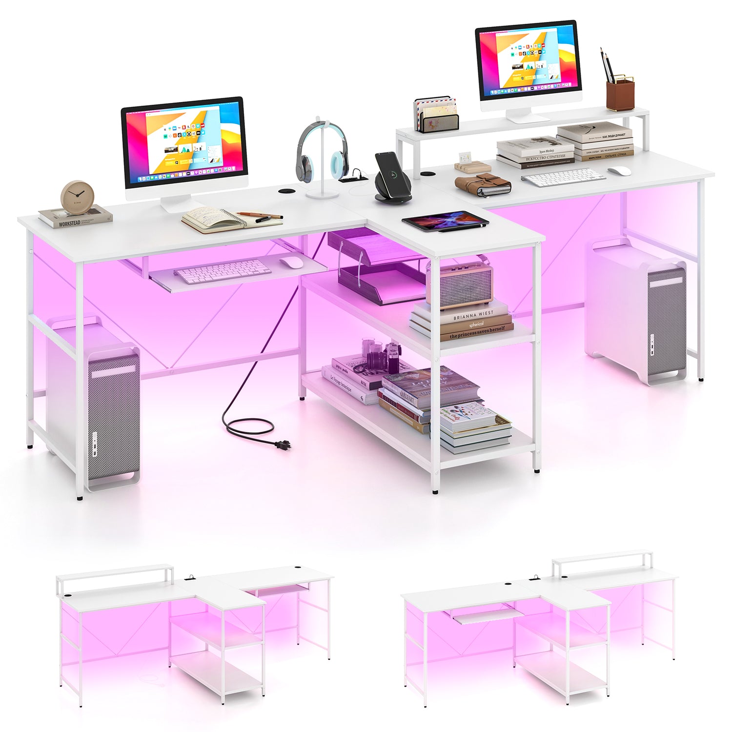 2-Person Reversible Computer Desk Long Office Desk with LED Lights