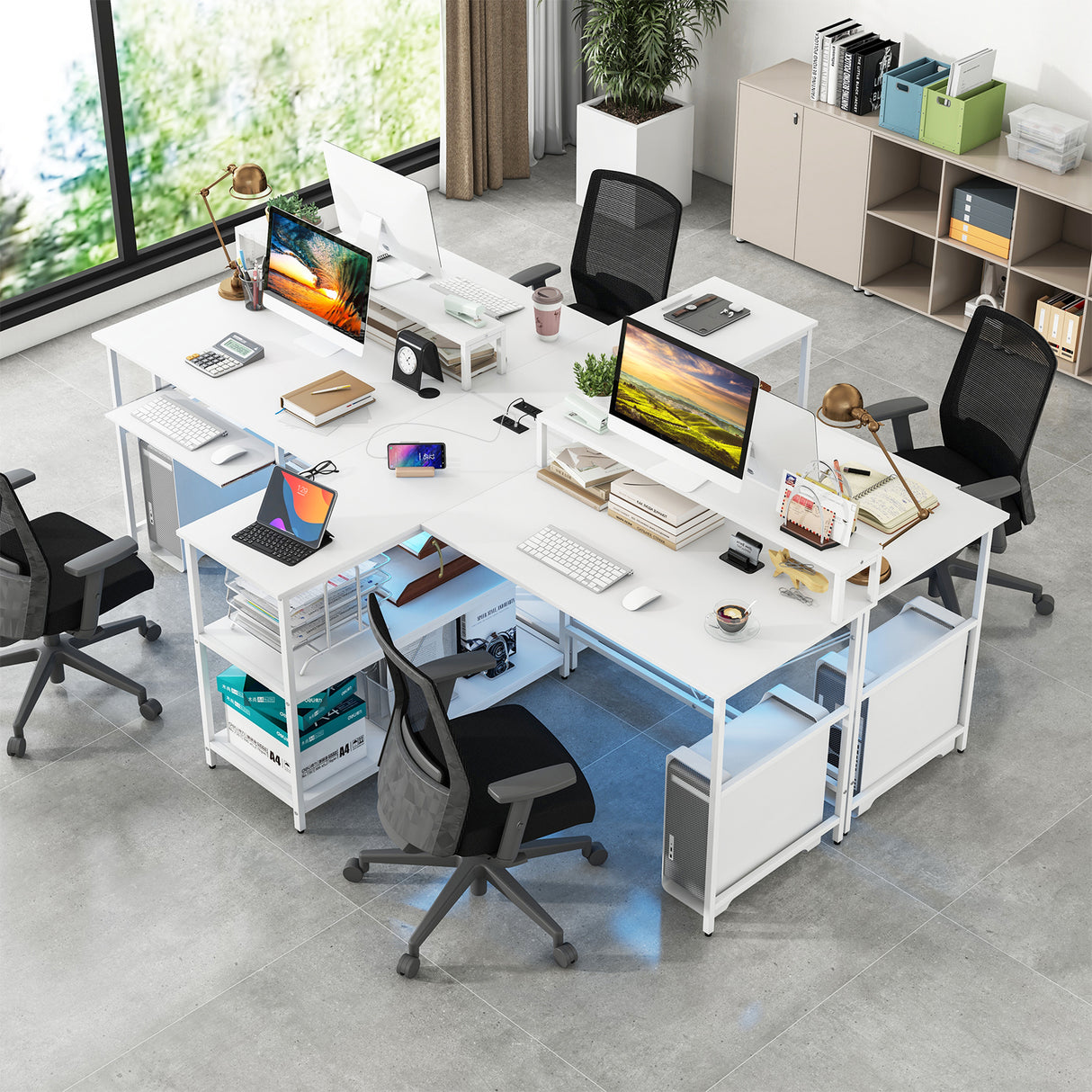 2-Person Reversible Computer Desk Long Office Desk with LED Lights