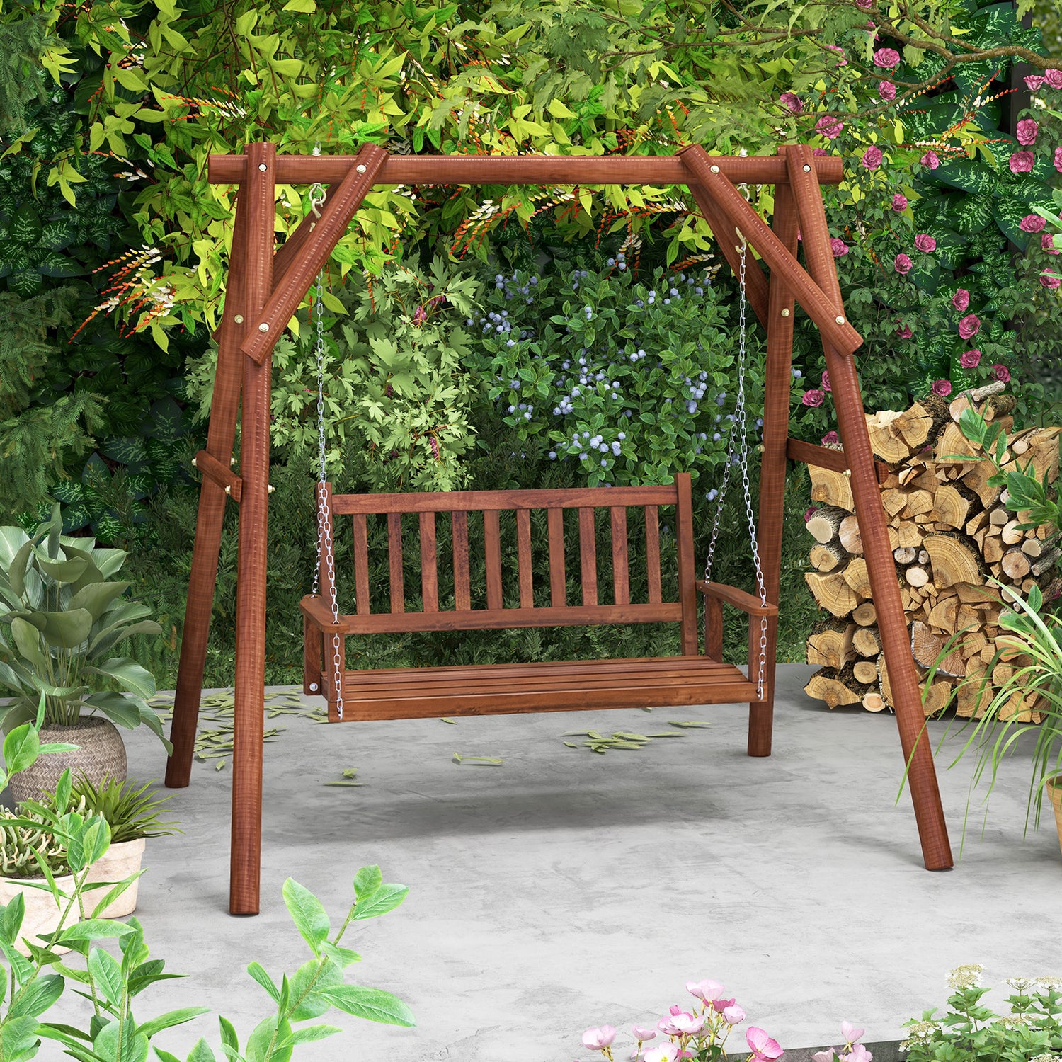 2-Person Wooden Outdoor Porch Swing with 500 lbs Weight Capacity