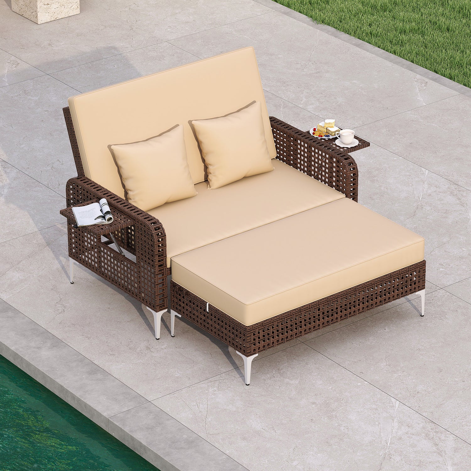 2 Piece Patio Rattan Daybed Wicker Loveseat and Ottoman with Adjustable Backrest